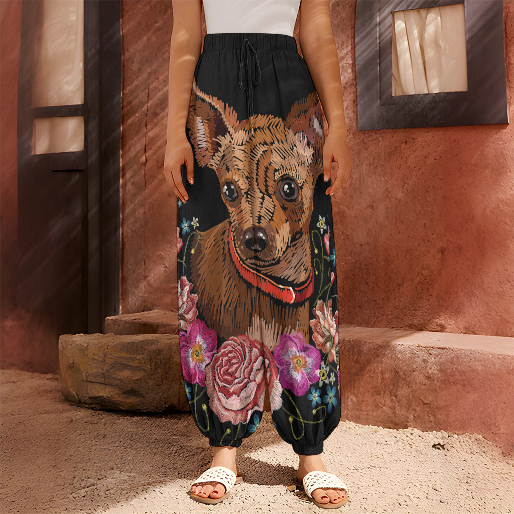 Embroidery Chihuahua And Flower Print Harem Pants