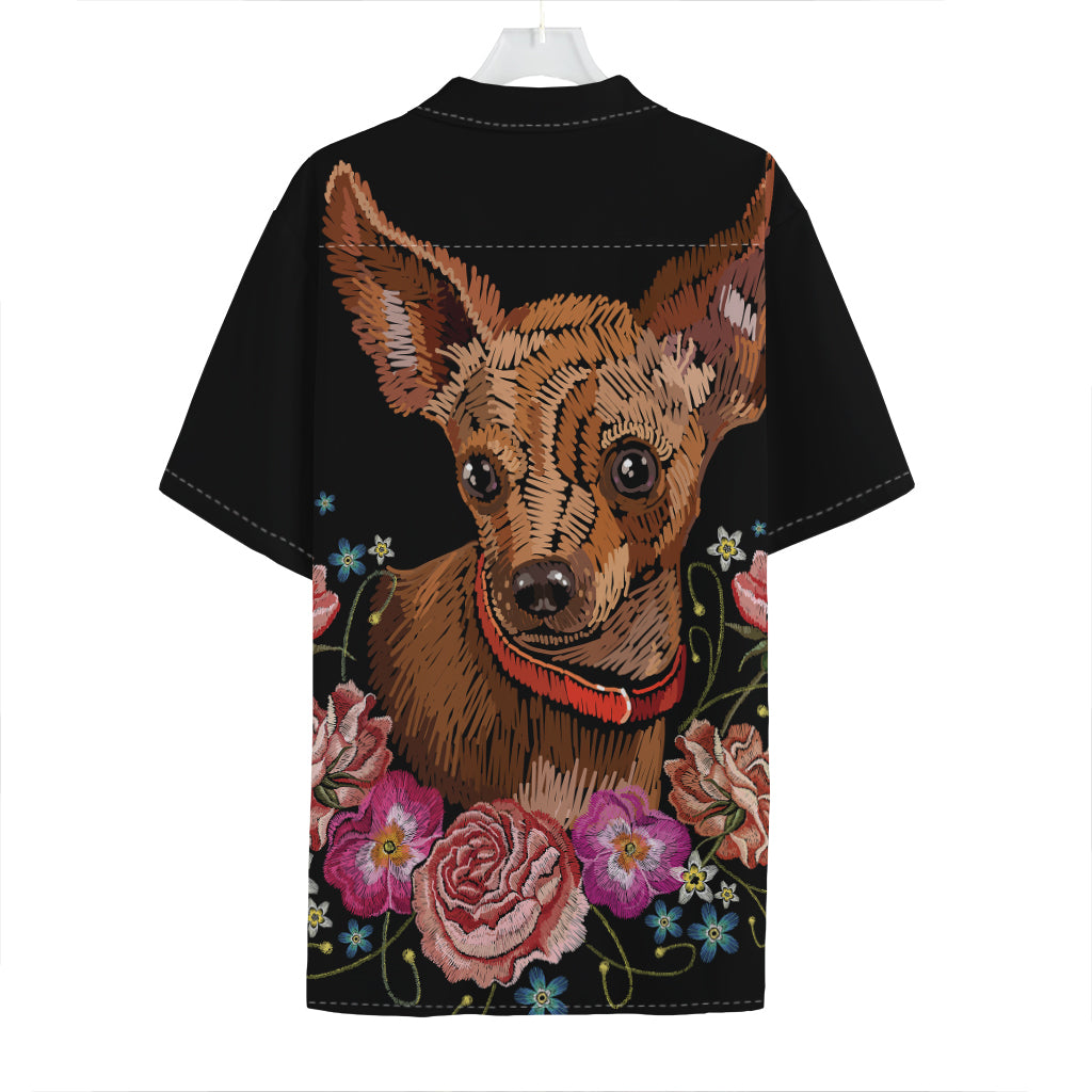 Embroidery Chihuahua And Flower Print Hawaiian Shirt