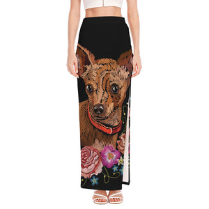 Embroidery Chihuahua And Flower Print High Slit Maxi Skirt