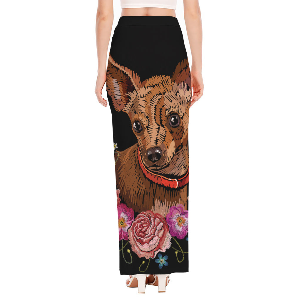 Embroidery Chihuahua And Flower Print High Slit Maxi Skirt