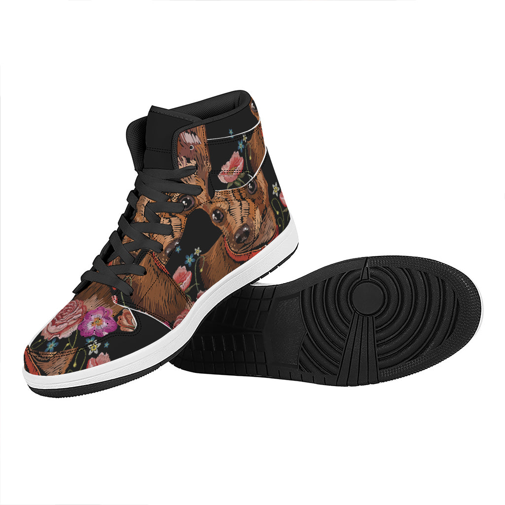 Embroidery Chihuahua And Flower Print High Top Leather Sneakers