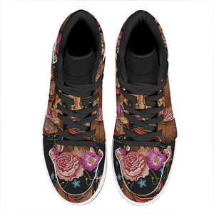 Embroidery Chihuahua And Flower Print High Top Leather Sneakers