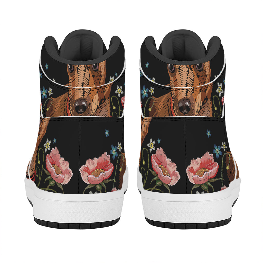 Embroidery Chihuahua And Flower Print High Top Leather Sneakers