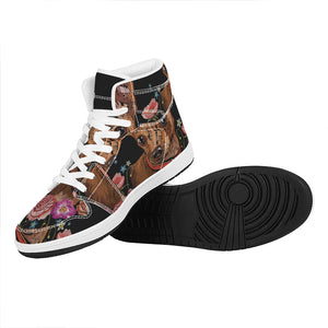 Embroidery Chihuahua And Flower Print High Top Leather Sneakers