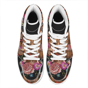 Embroidery Chihuahua And Flower Print High Top Leather Sneakers