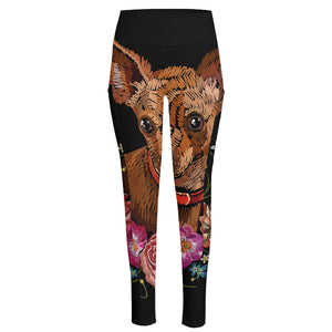 Embroidery Chihuahua And Flower Print High-Waisted Pocket Leggings