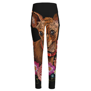 Embroidery Chihuahua And Flower Print High-Waisted Pocket Leggings