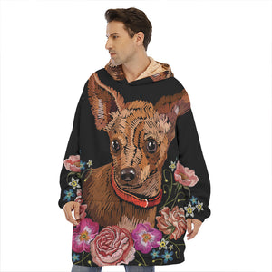 Embroidery Chihuahua And Flower Print Hoodie Blanket