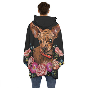 Embroidery Chihuahua And Flower Print Hoodie Blanket