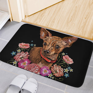 Embroidery Chihuahua And Flower Print Indoor Door Mat