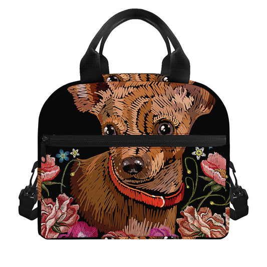 Embroidery Chihuahua And Flower Print Insulated Lunch Bag