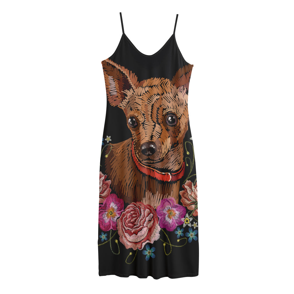 Embroidery Chihuahua And Flower Print Jersey Midi Cami Dress