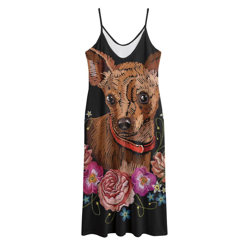 Embroidery Chihuahua And Flower Print Jersey Midi Cami Dress