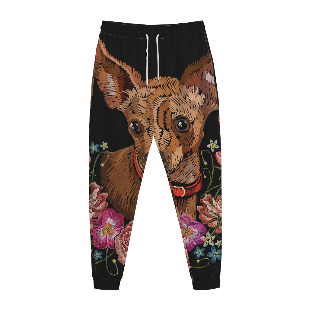 Embroidery Chihuahua And Flower Print Jogger Pants