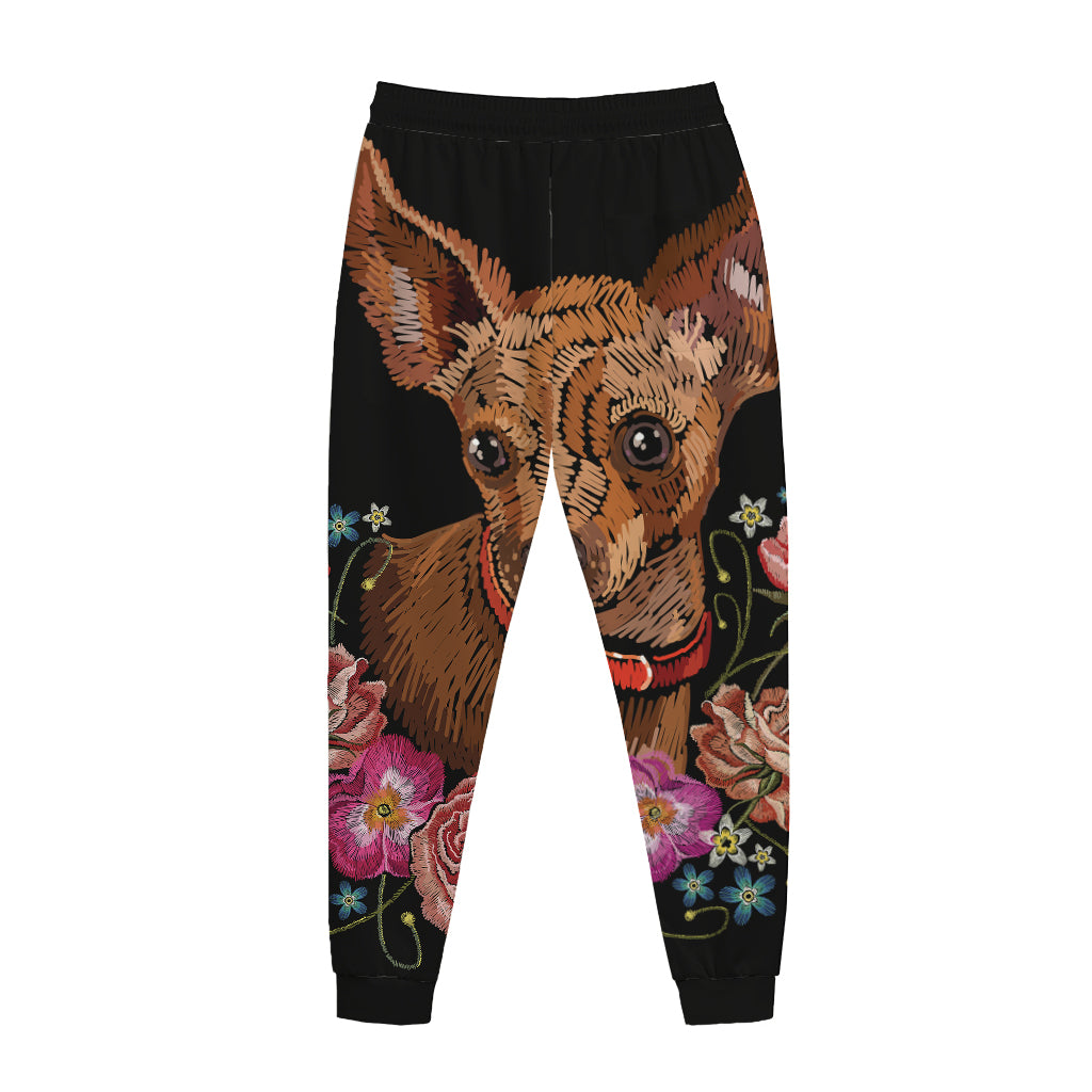 Embroidery Chihuahua And Flower Print Jogger Pants
