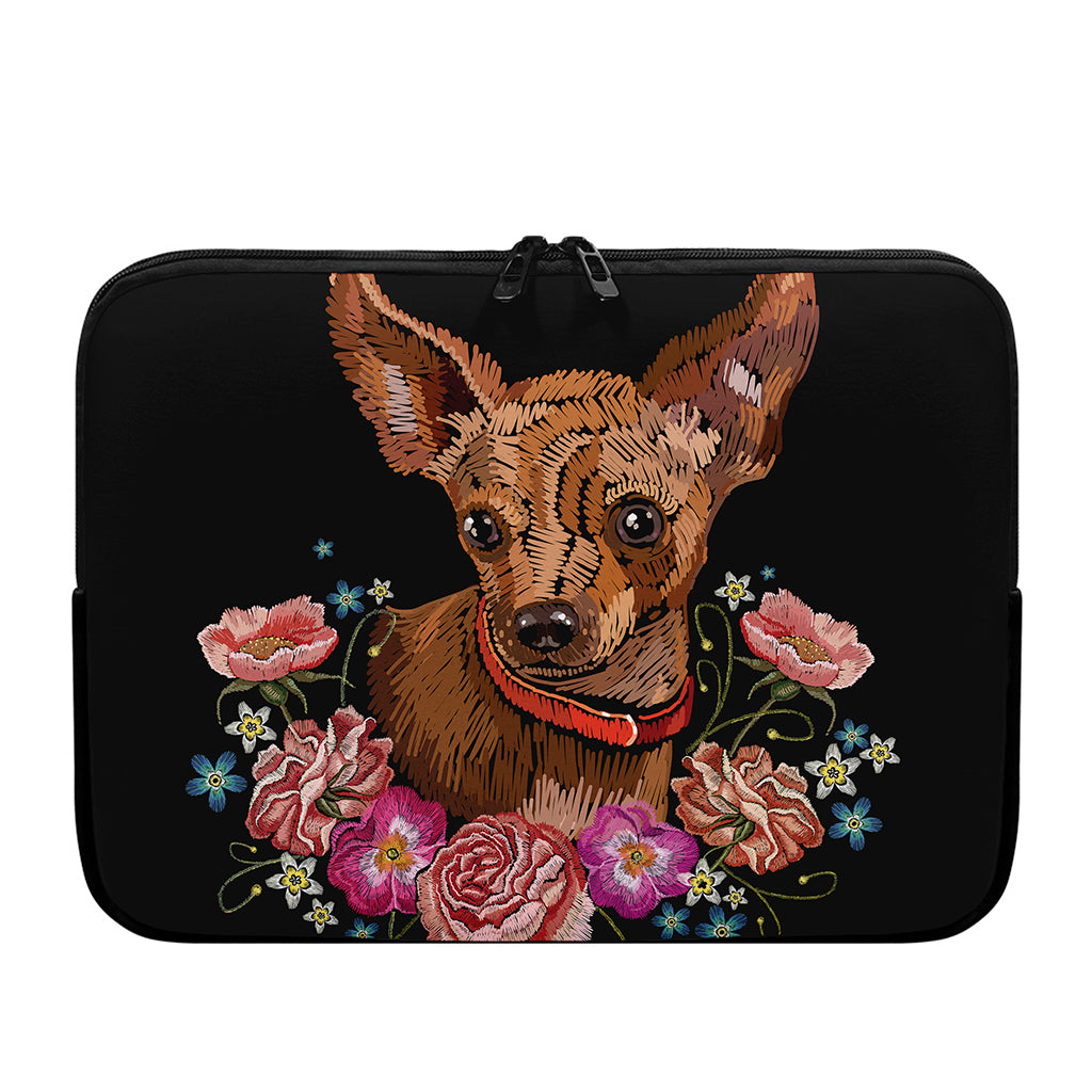 Embroidery Chihuahua And Flower Print Laptop Sleeve