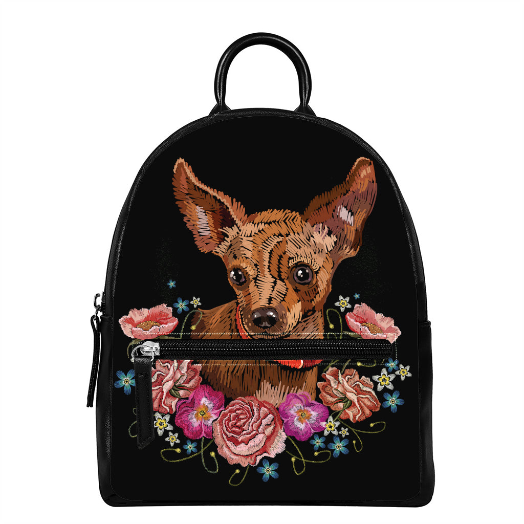 Embroidery Chihuahua And Flower Print Leather Backpack