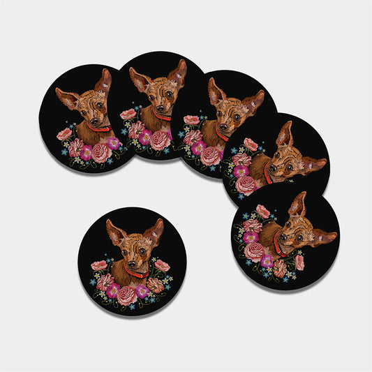 Embroidery Chihuahua And Flower Print Leather Coaster Set