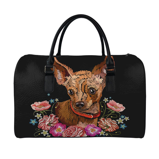 Embroidery Chihuahua And Flower Print Leather Duffle Bag