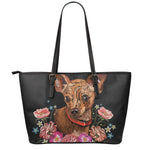 Embroidery Chihuahua And Flower Print Leather Tote Bag