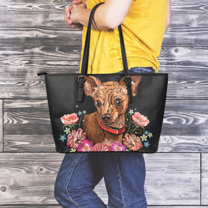 Embroidery Chihuahua And Flower Print Leather Tote Bag