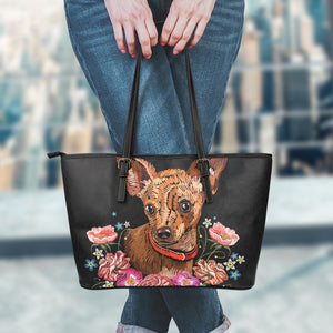 Embroidery Chihuahua And Flower Print Leather Tote Bag