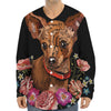 Embroidery Chihuahua And Flower Print Long Sleeve Baseball Jersey