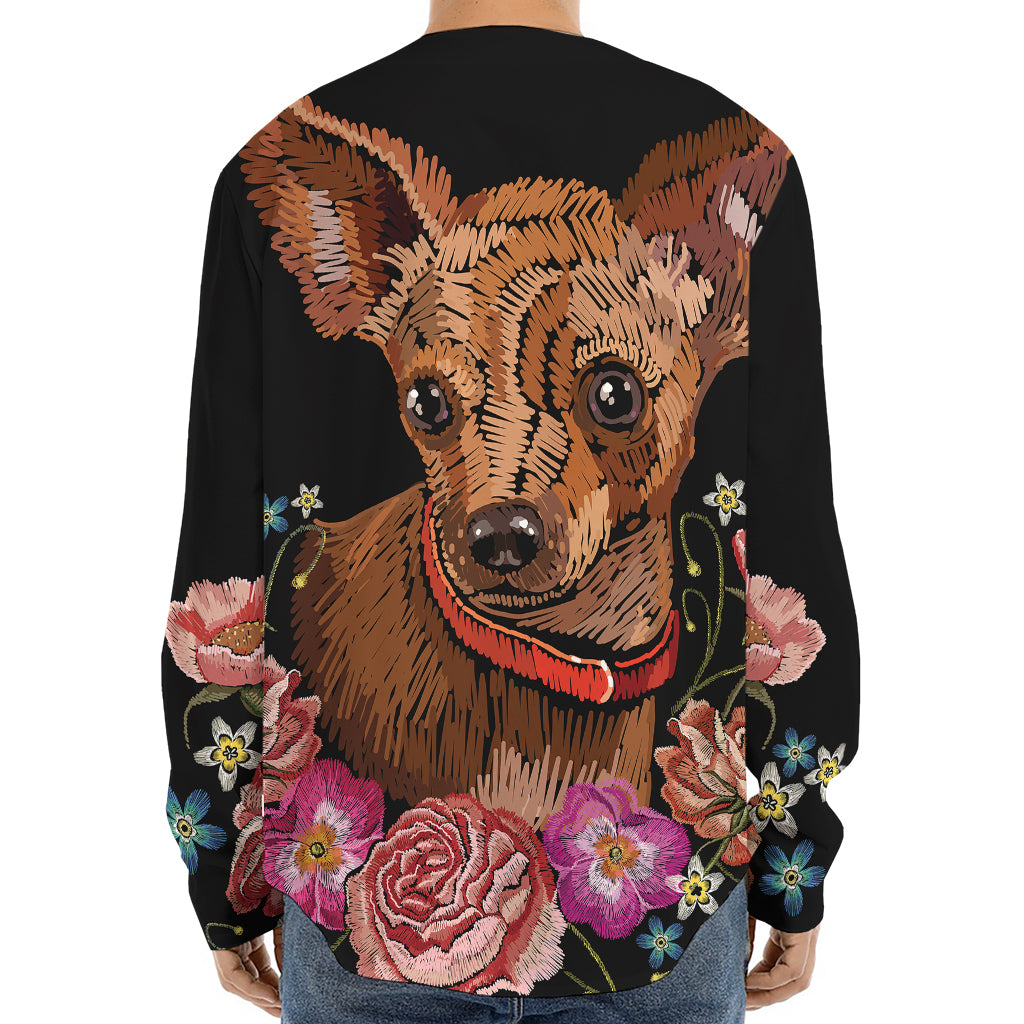 Embroidery Chihuahua And Flower Print Long Sleeve Baseball Jersey