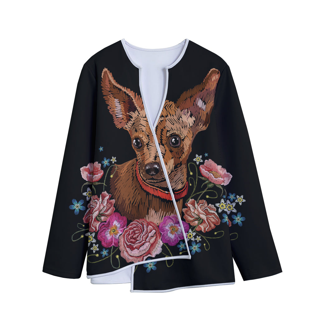 Embroidery Chihuahua And Flower Print Long Sleeve Short Coat