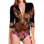 Embroidery Chihuahua And Flower Print Long Sleeve Swimsuit