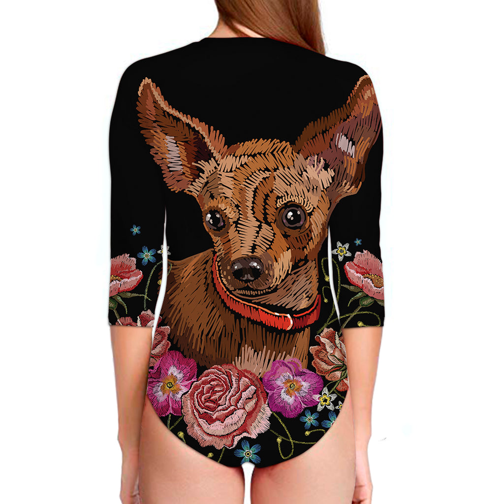 Embroidery Chihuahua And Flower Print Long Sleeve Swimsuit