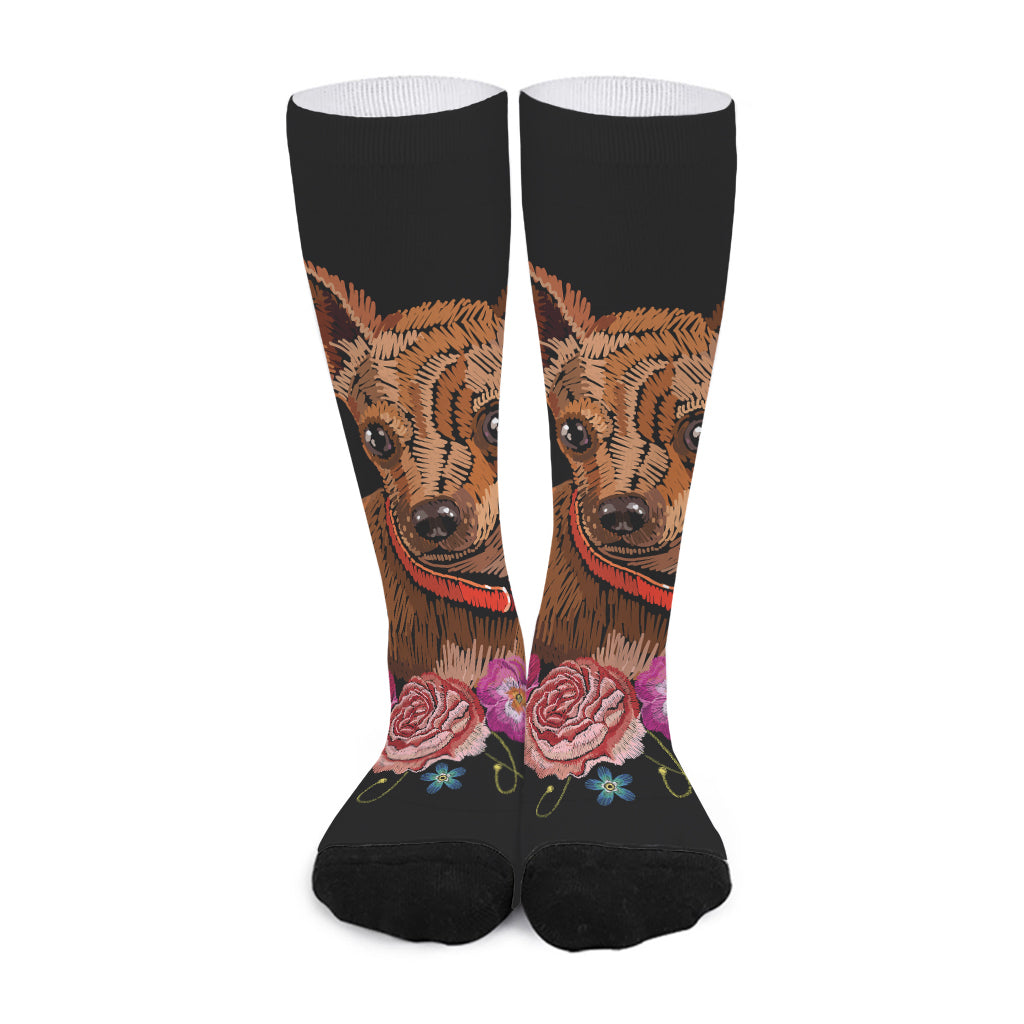 Embroidery Chihuahua And Flower Print Long Socks