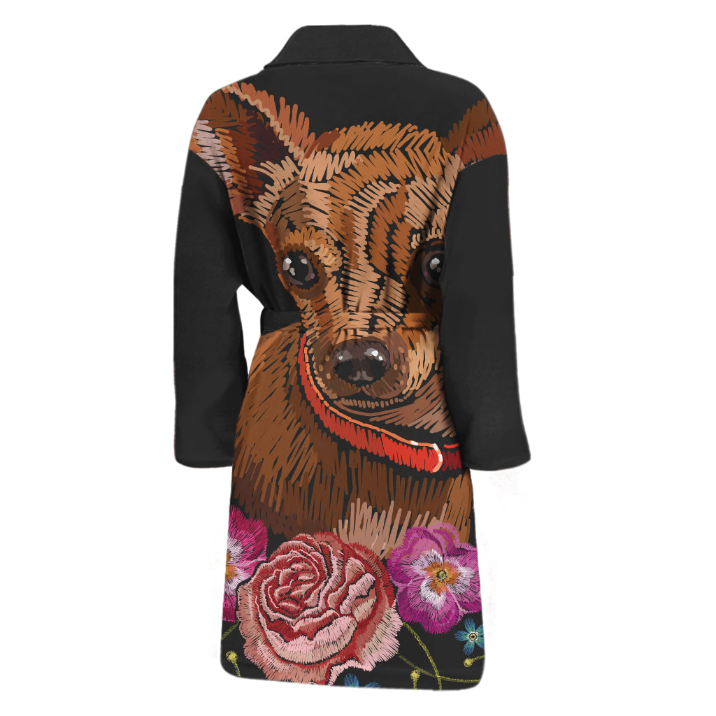 Embroidery Chihuahua And Flower Print Men's Bathrobe