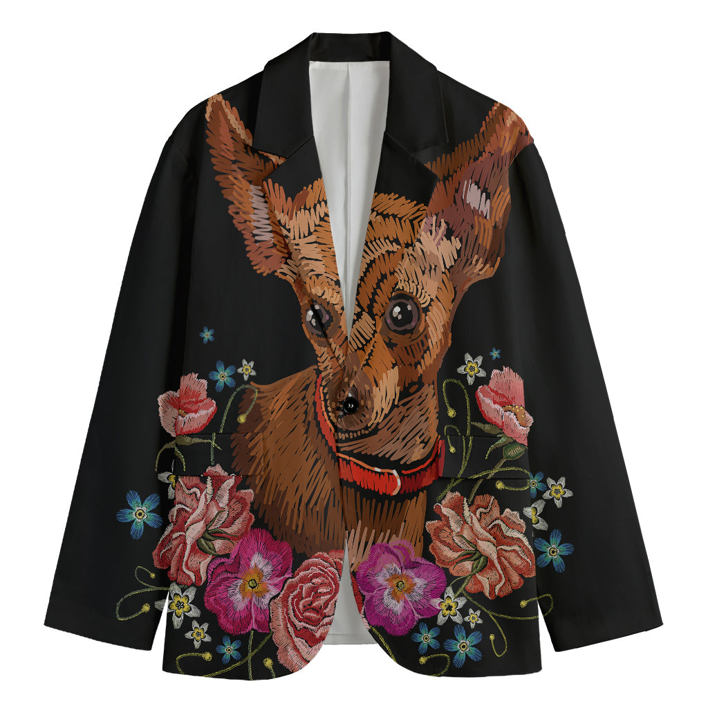 Embroidery Chihuahua And Flower Print Men's Blazer