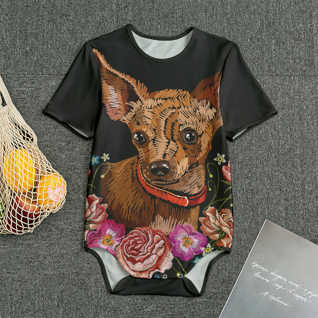 Embroidery Chihuahua And Flower Print Men's Bodysuit