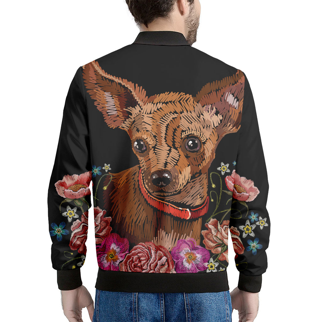 Embroidery Chihuahua And Flower Print Men's Bomber Jacket