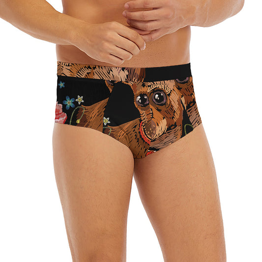 Embroidery Chihuahua And Flower Print Men's Briefs