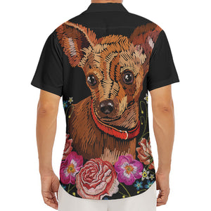 Embroidery Chihuahua And Flower Print Men's Deep V-Neck Shirt