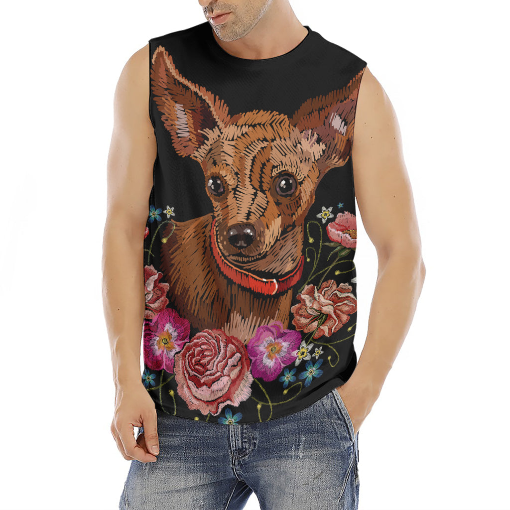 Embroidery Chihuahua And Flower Print Men's Fitness Tank Top