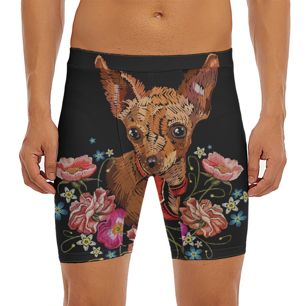 Embroidery Chihuahua And Flower Print Men's Long Boxer Briefs