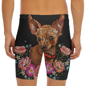 Embroidery Chihuahua And Flower Print Men's Long Boxer Briefs