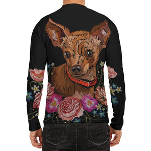 Embroidery Chihuahua And Flower Print Men's Long Sleeve Rash Guard