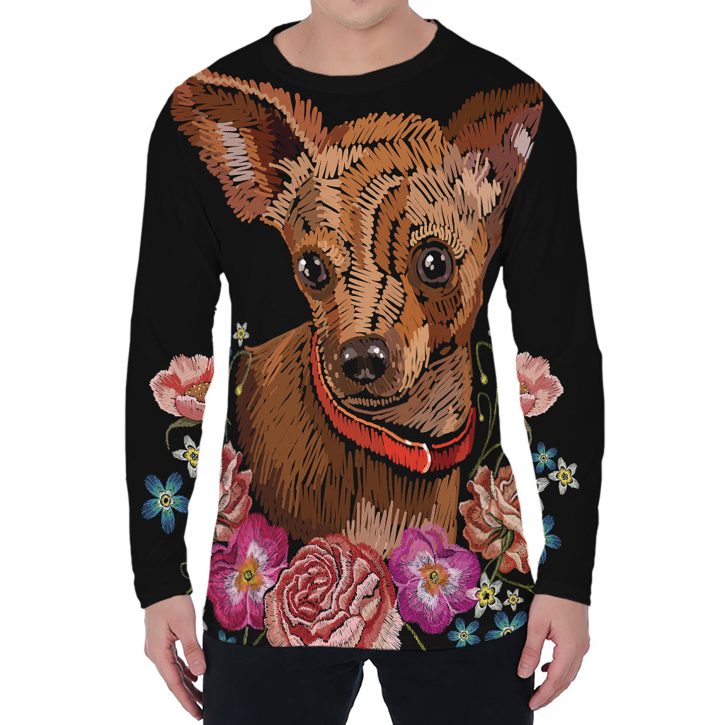 Embroidery Chihuahua And Flower Print Men's Long Sleeve T-Shirt