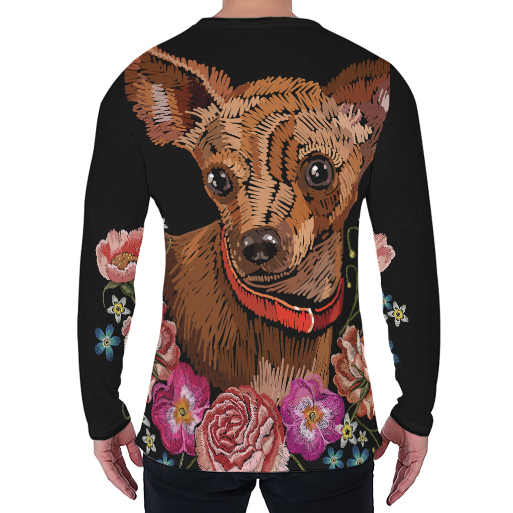 Embroidery Chihuahua And Flower Print Men's Long Sleeve T-Shirt