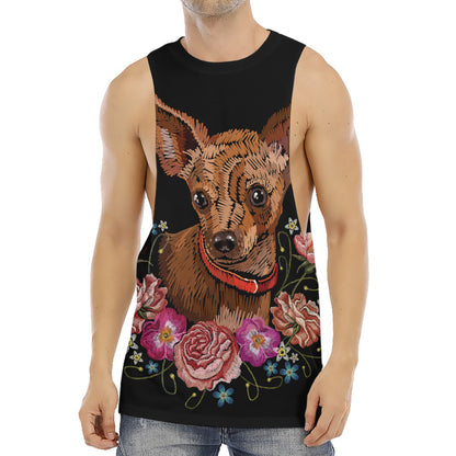 Embroidery Chihuahua And Flower Print Men's Muscle Tank Top