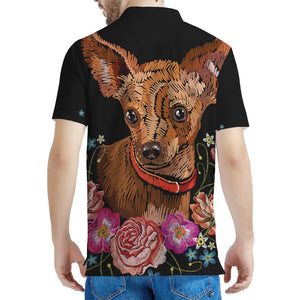 Embroidery Chihuahua And Flower Print Men's Polo Shirt