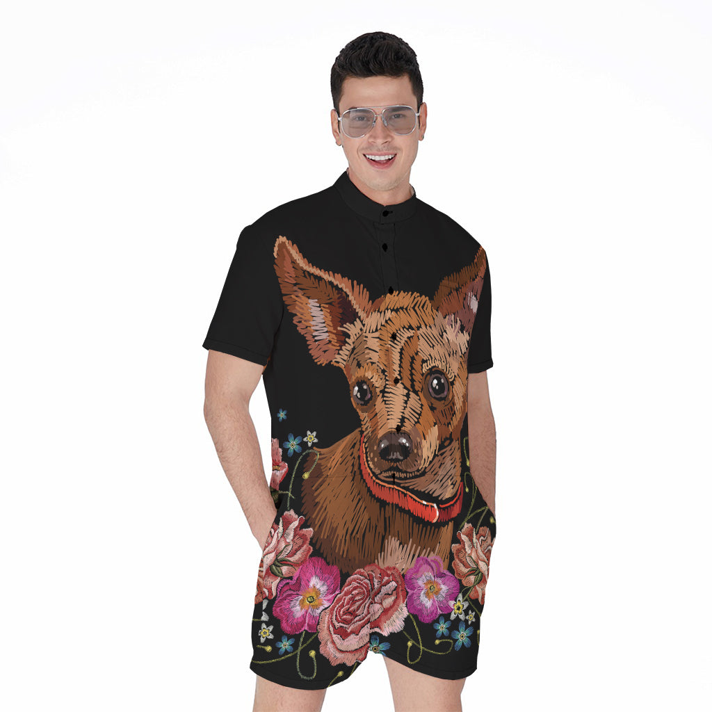 Embroidery Chihuahua And Flower Print Men's Rompers