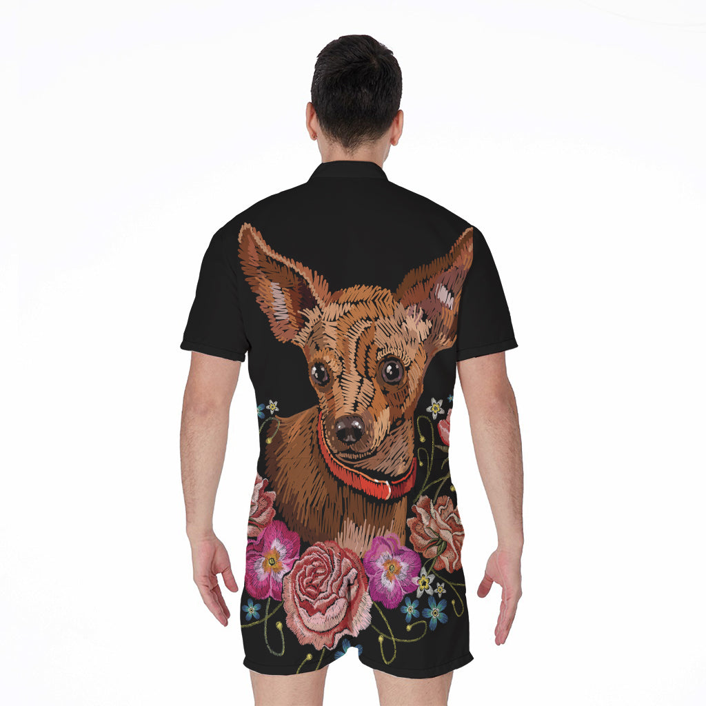 Embroidery Chihuahua And Flower Print Men's Rompers