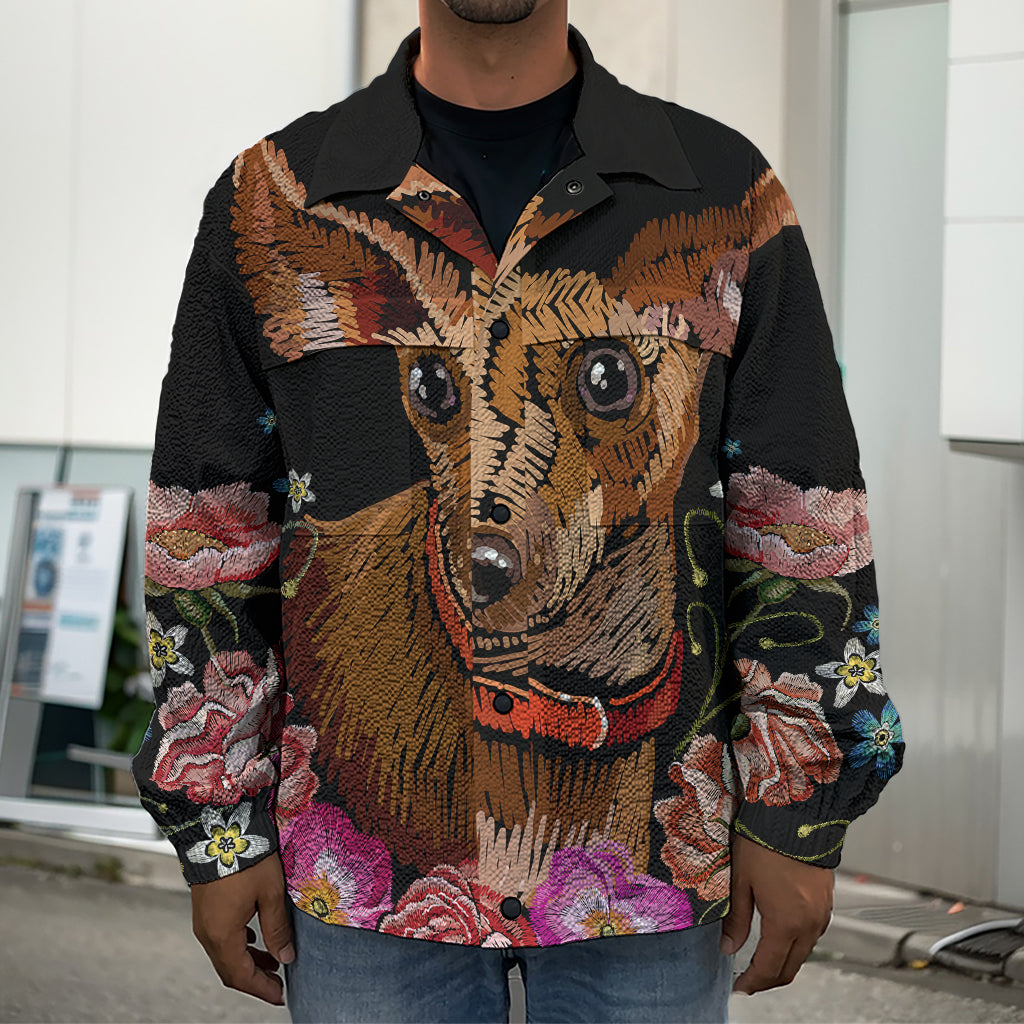 Embroidery Chihuahua And Flower Print Men's Shirt Jacket