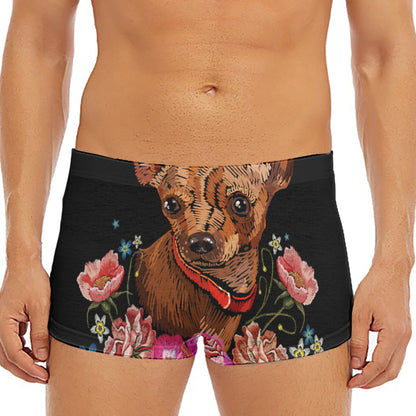 Embroidery Chihuahua And Flower Print Men's Short Boxer Briefs
